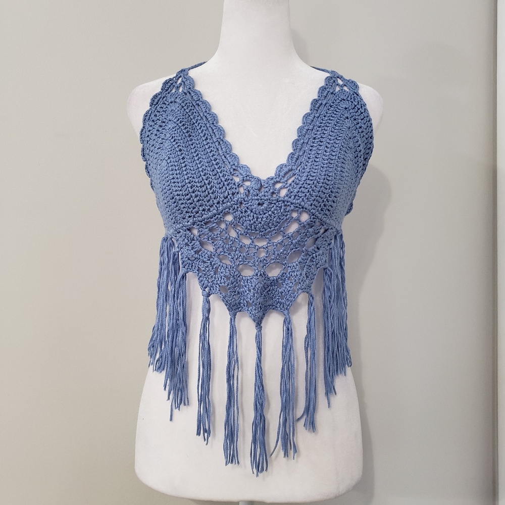 Y2K Crocheted‎ Halter Top Women LARGE Fringe Bikini Summer Boho Hippie Festival